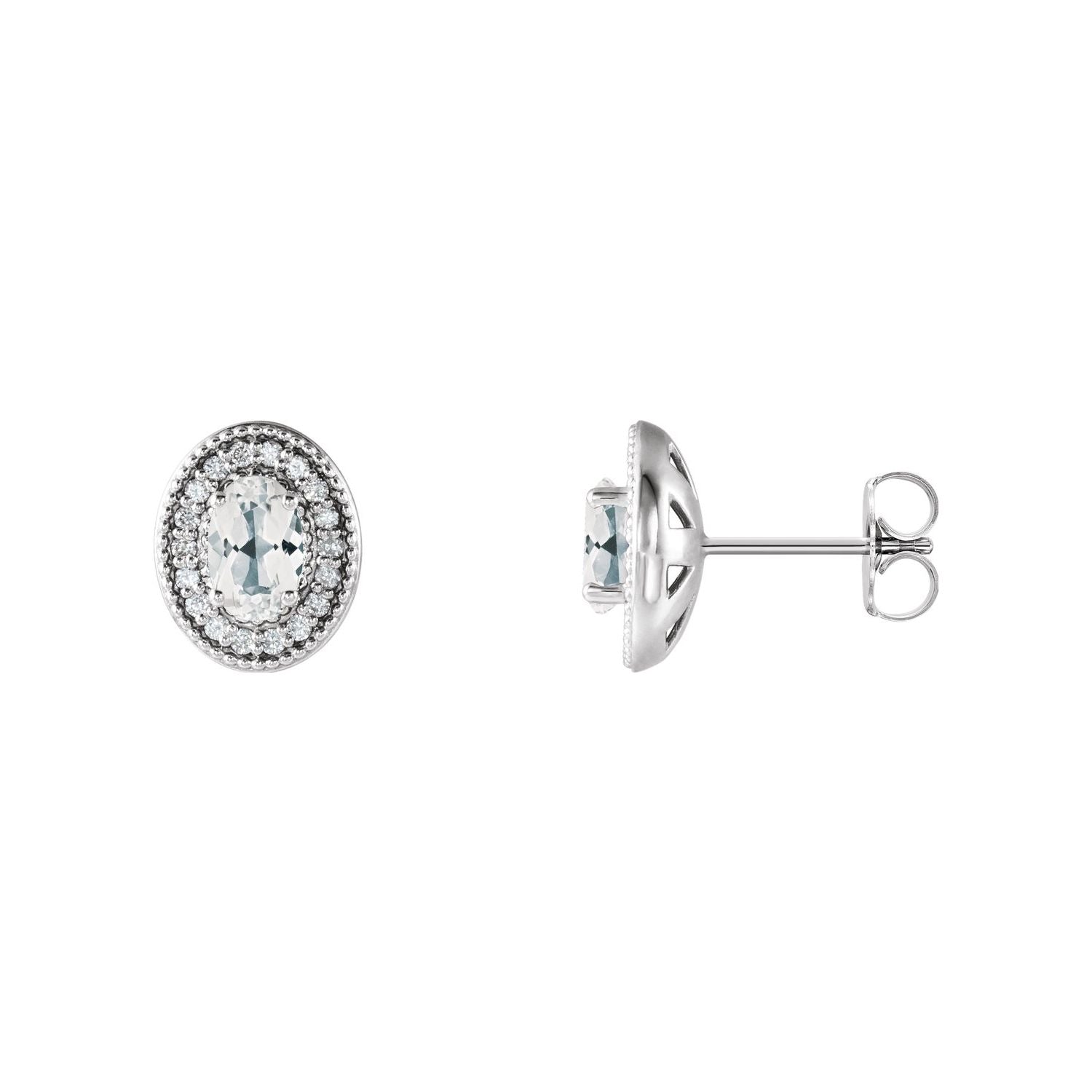 14K White Gold 6 x 4 mm oval diamond halo white sapphire stud earrings