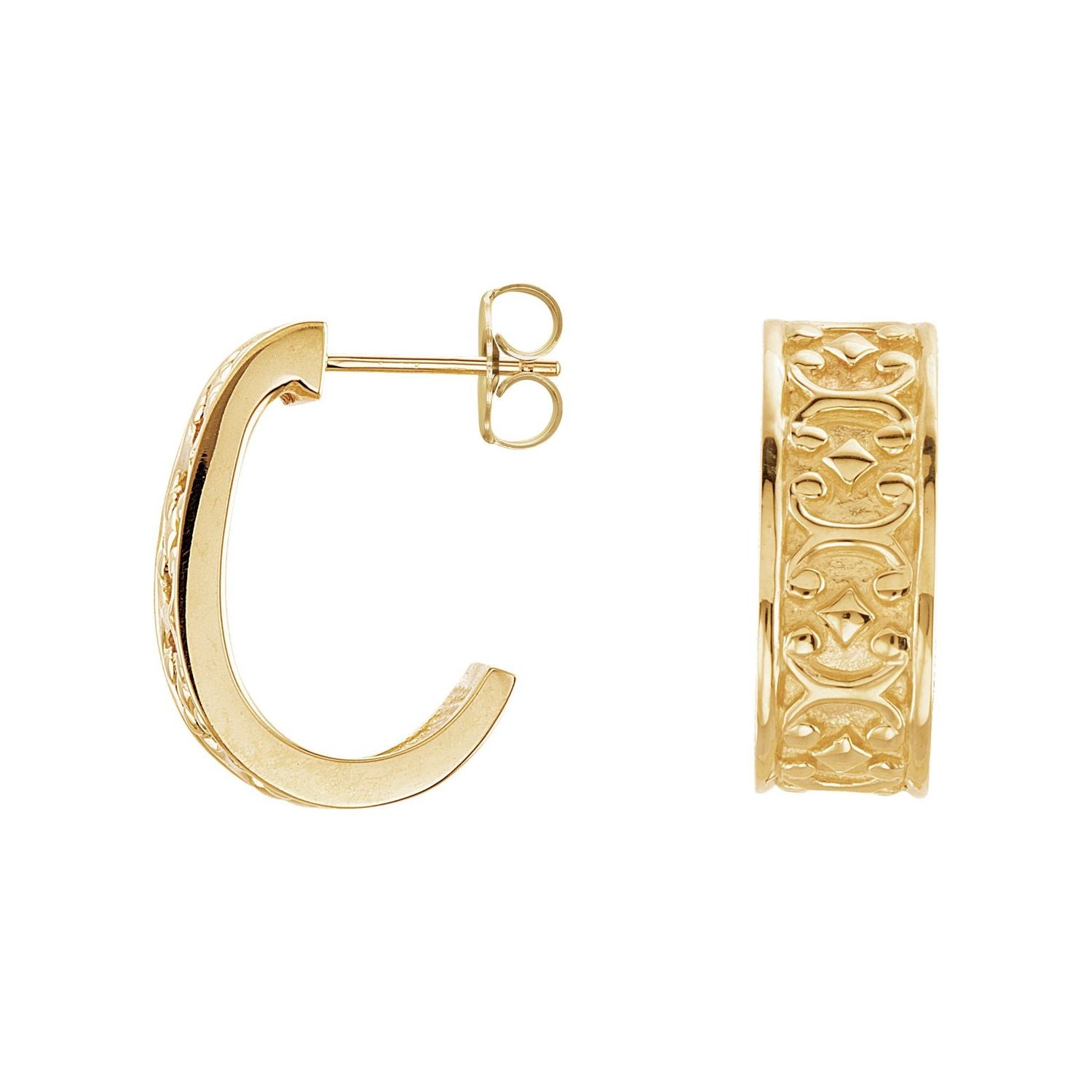 14K Yellow Gold Patterned J-Hoop 18.8 mm gold J-hoop earrings