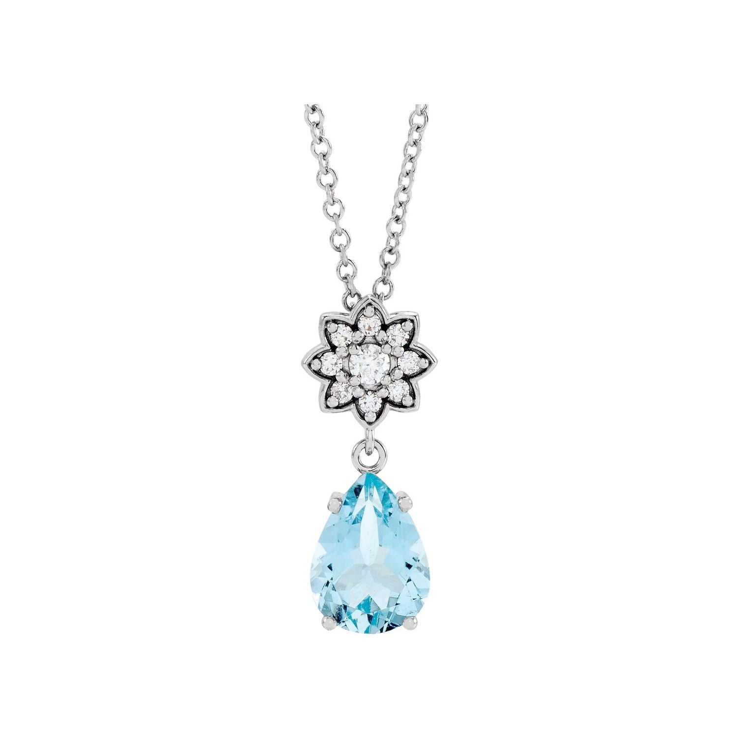 Pear Aquamarine and Diamond Drop Necklace in 14K White Gold on a 16 to 18 inch adjustable gold cable chain