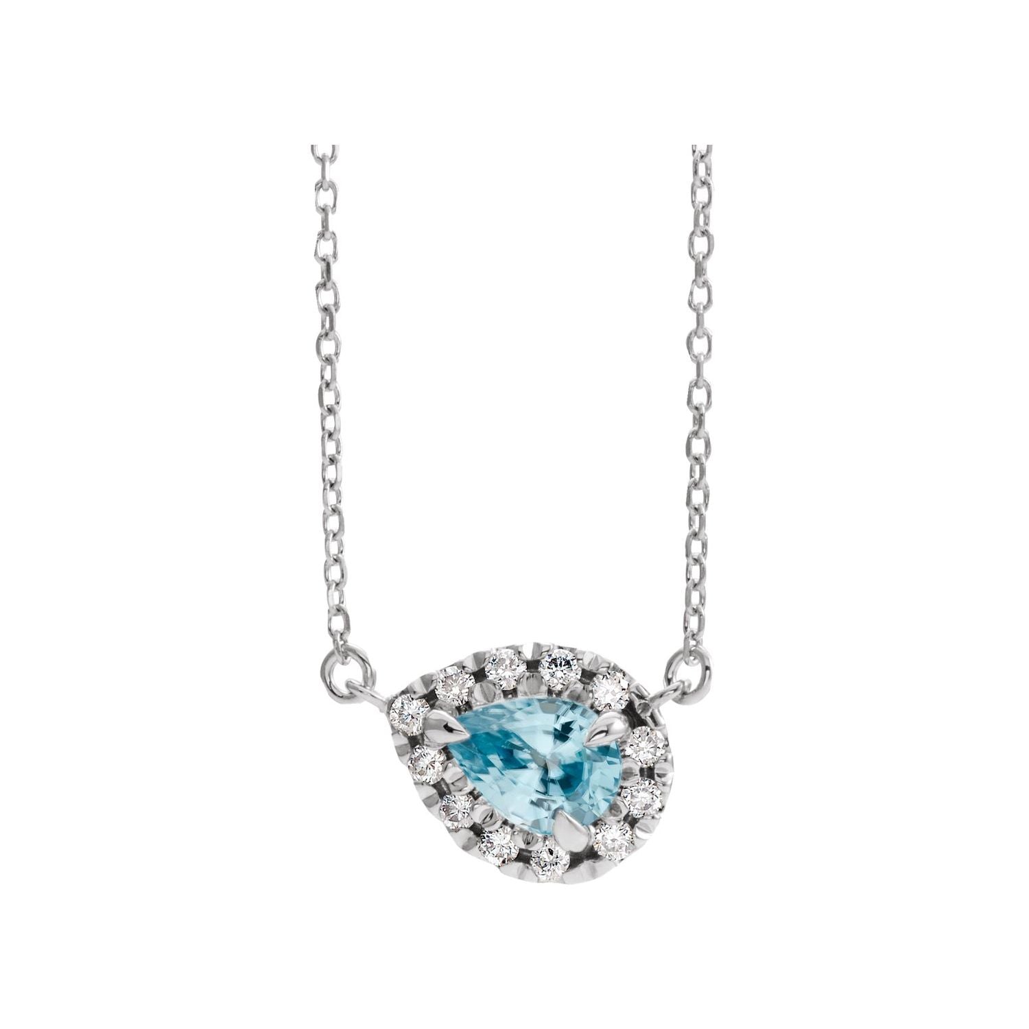 Pear Aquamarine and Diamond Halo Necklace in 14K White Gold on a 16 or 18 inch gold cable chain