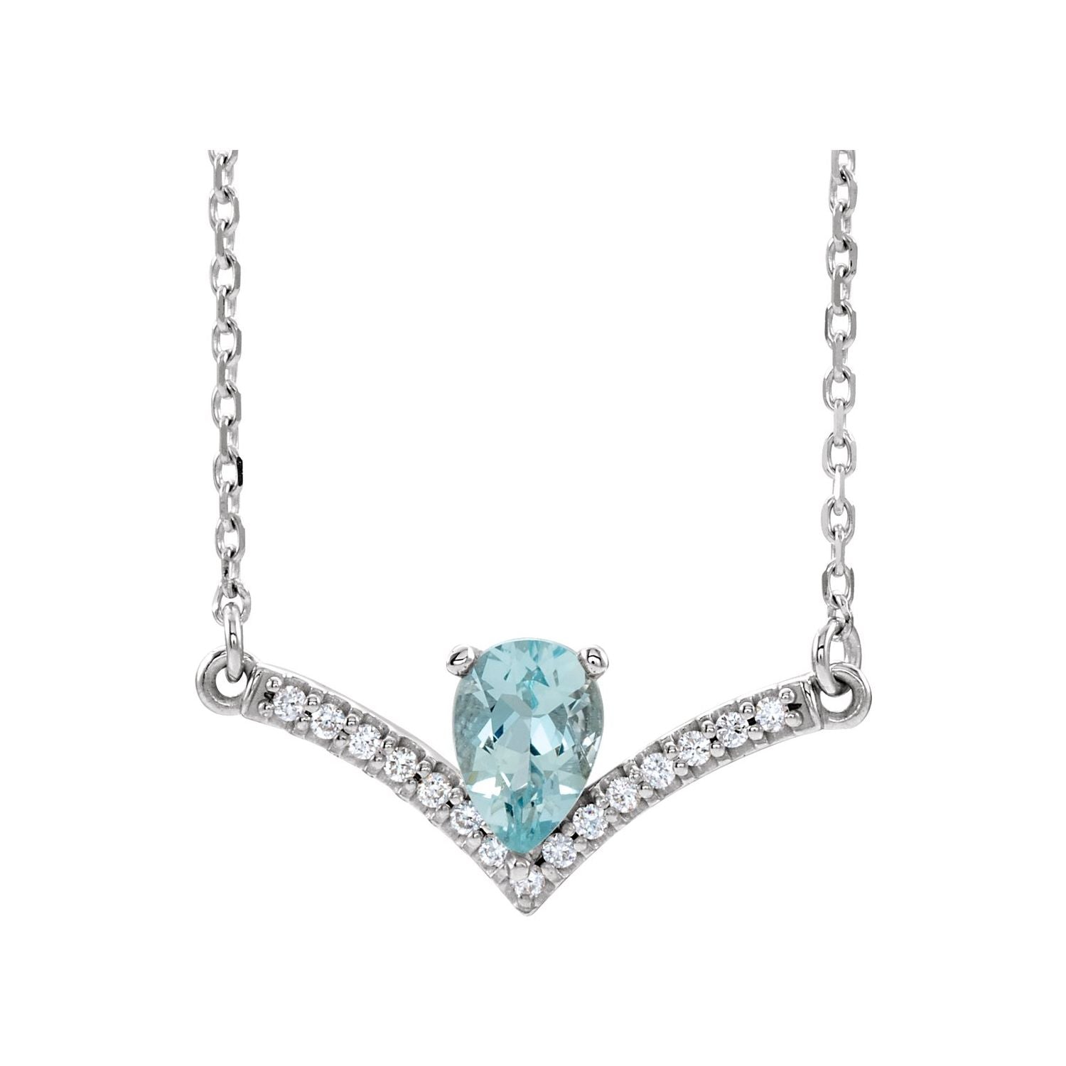 Pear Aquamarine and Diamond V Bar Necklace in 14K White Gold on a 16 or 18 inch gold cable chain