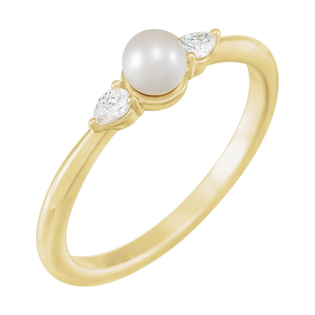 14K Yellow Gold Pear-Cut Accent Pearl Ring with a cultured freshwater pearl, natural diamond accents