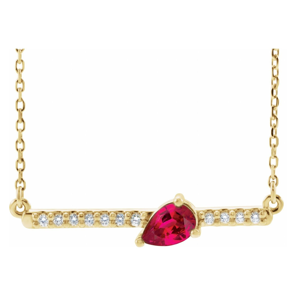 14K Yellow Gold pear diamond bar natural ruby necklace with a 6 x 4 mm pear natural ruby and pavé natural diamond bar