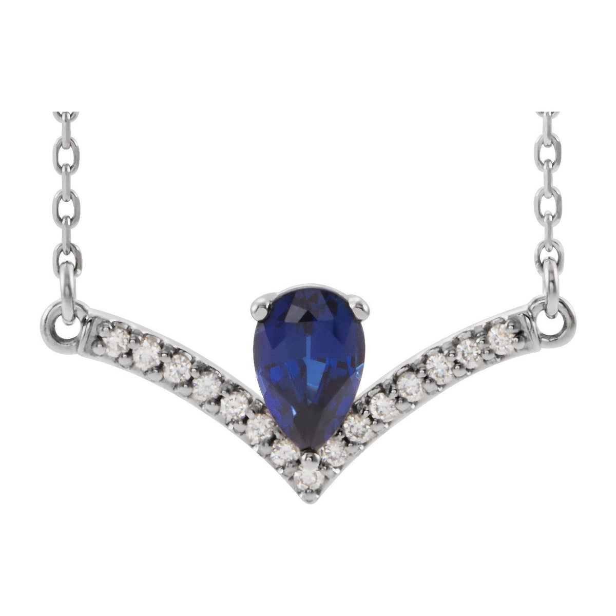 Pear Diamond Chevron Natural Blue Sapphire Pendant (6x4 mm, 0.06 ctw) in 14K White Gold