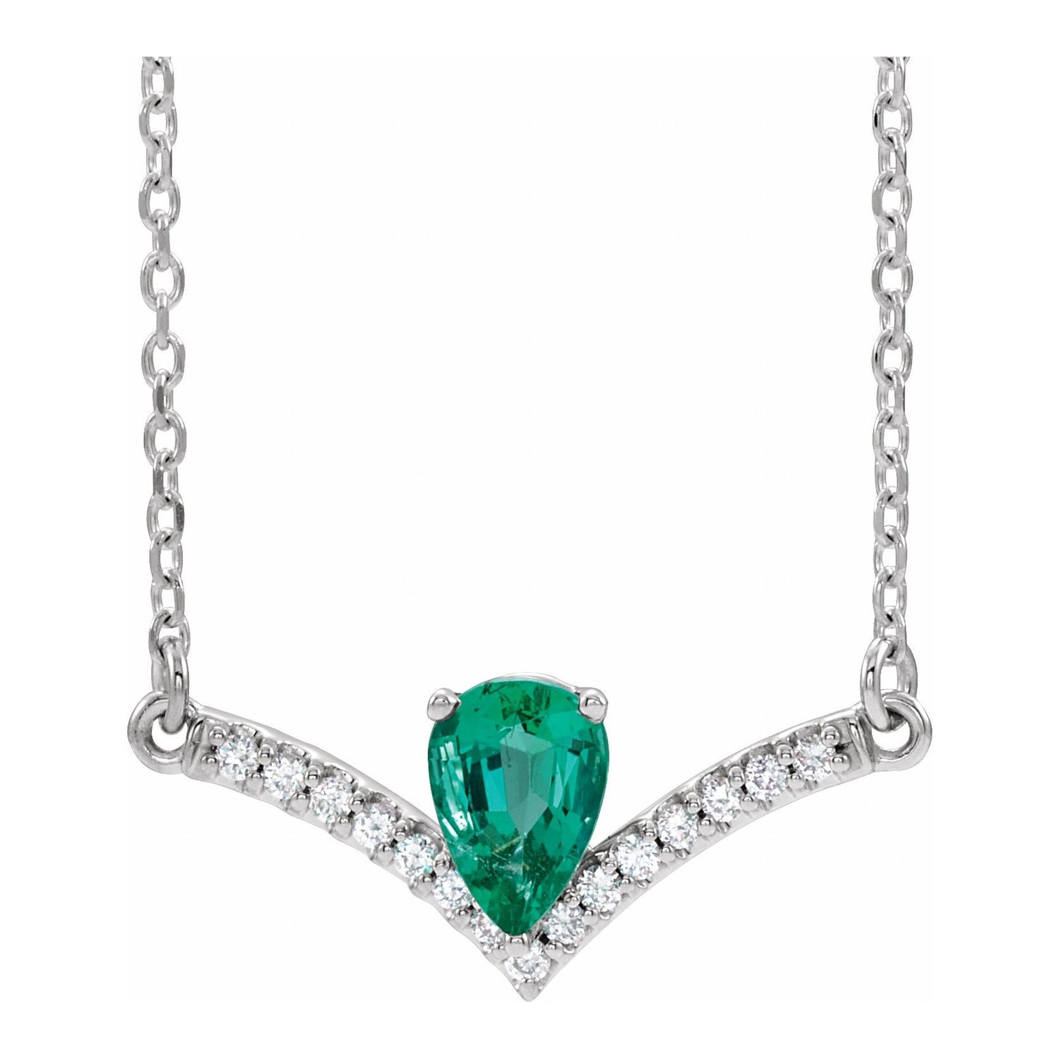 14K White Gold pear emerald and diamond chevron necklace