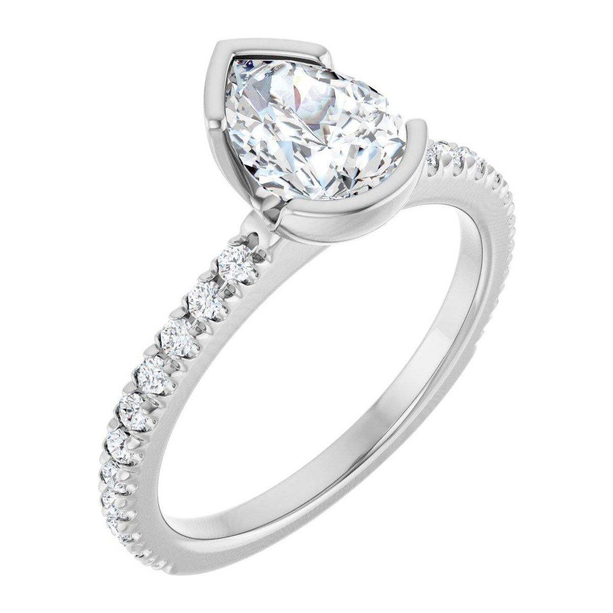 Pear Lab-Grown Diamond Half-Bezel Pavé Solitaire engagement ring in 14K White Gold, shown with a 1.10 ct center