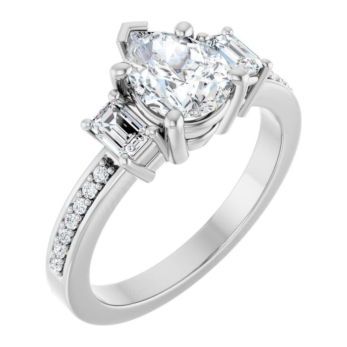 Pear Lab-Grown Diamond Pavé Step-Cut Three-Stone engagement ring in 14K White Gold, shown with a 1.10 ct center
