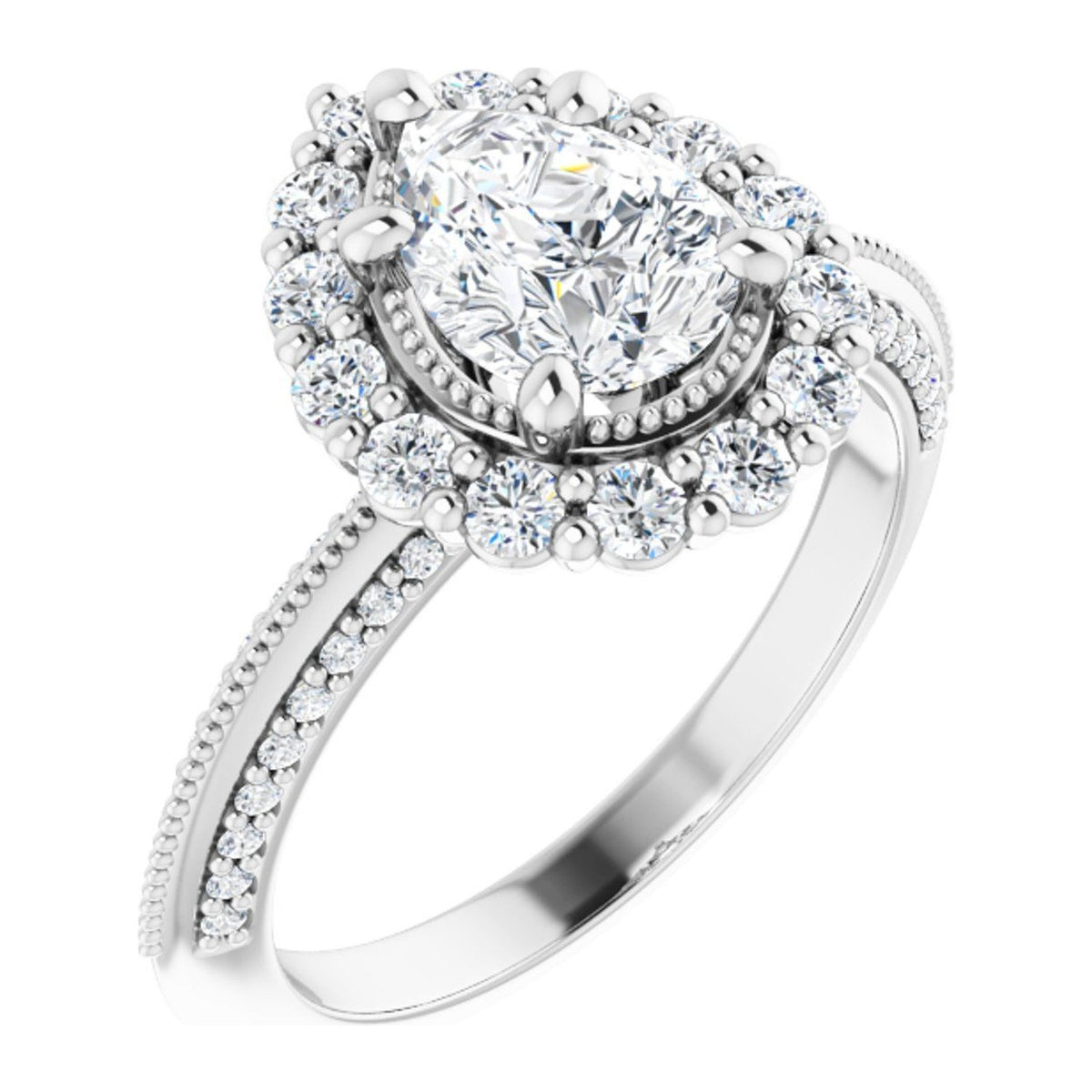 Pear Lab-Grown Diamond Vintage Milgrain Halo engagement ring in 14K White Gold, shown with a 1.10 ct center
