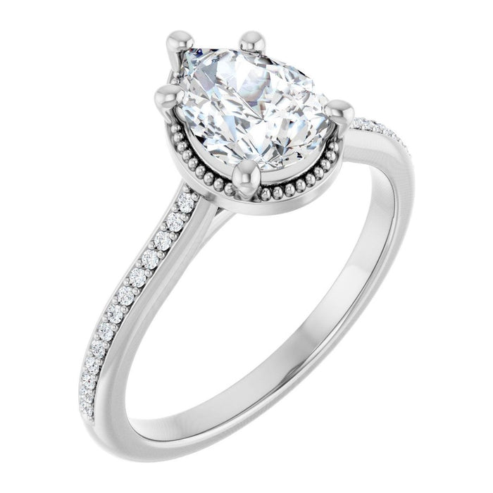 Pear Lab-Grown Diamond Vintage Milgrain Solitaire engagement ring in 14K White Gold, shown with a 1.10 ct center