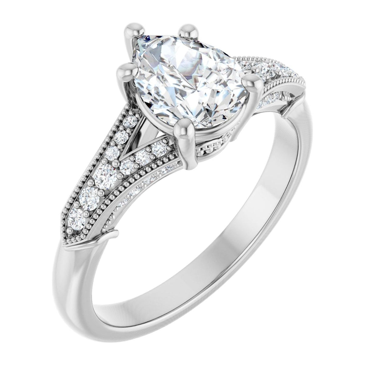Pear Lab-Grown Diamond Vintage Milgrain Split-Shank Pavé engagement ring in 14K White Gold, shown with a 1.10 ct center