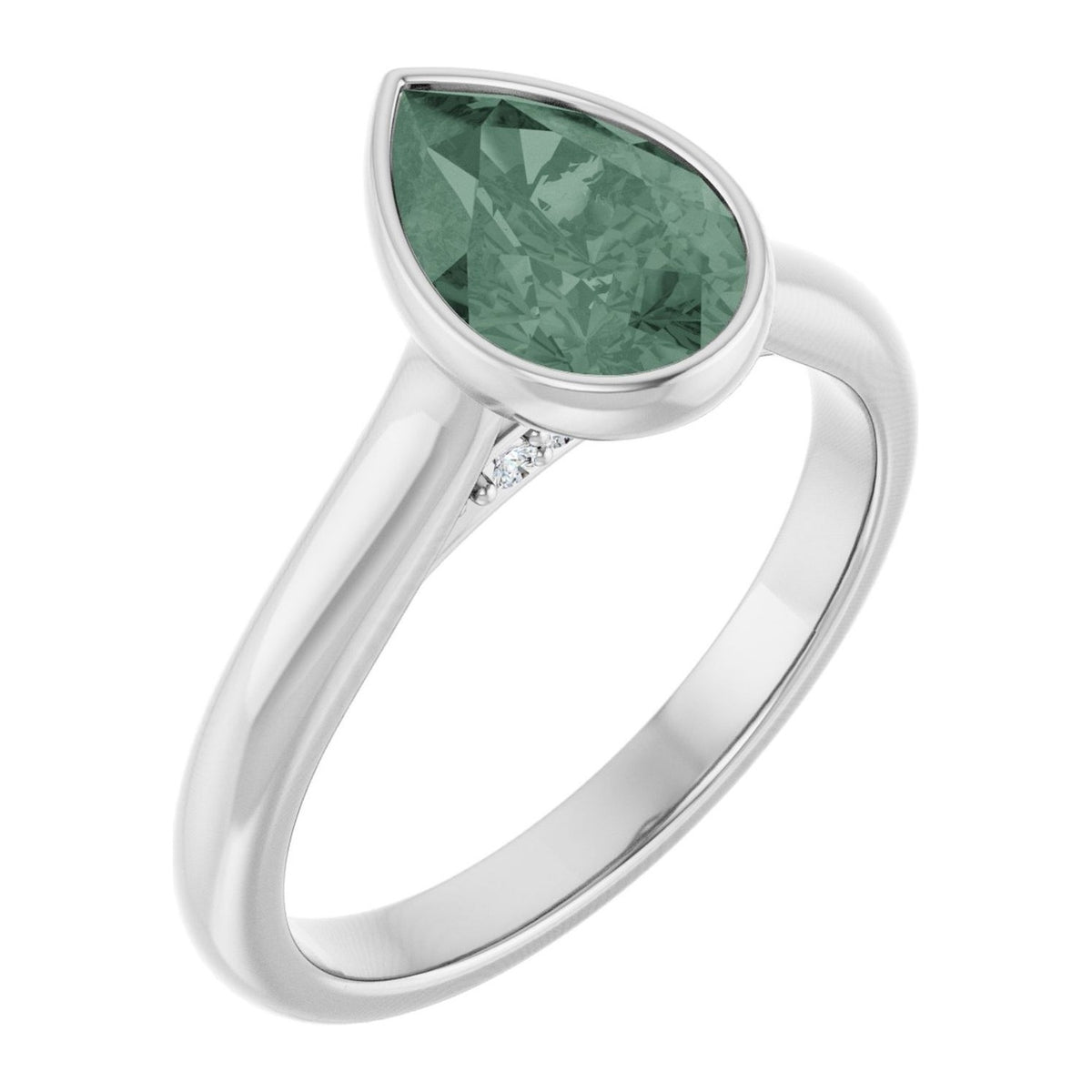 Pear lab-grown green sapphire bezel-set solitaire engagement ring in 14K White Gold, shown with a 9 x 6 mm center