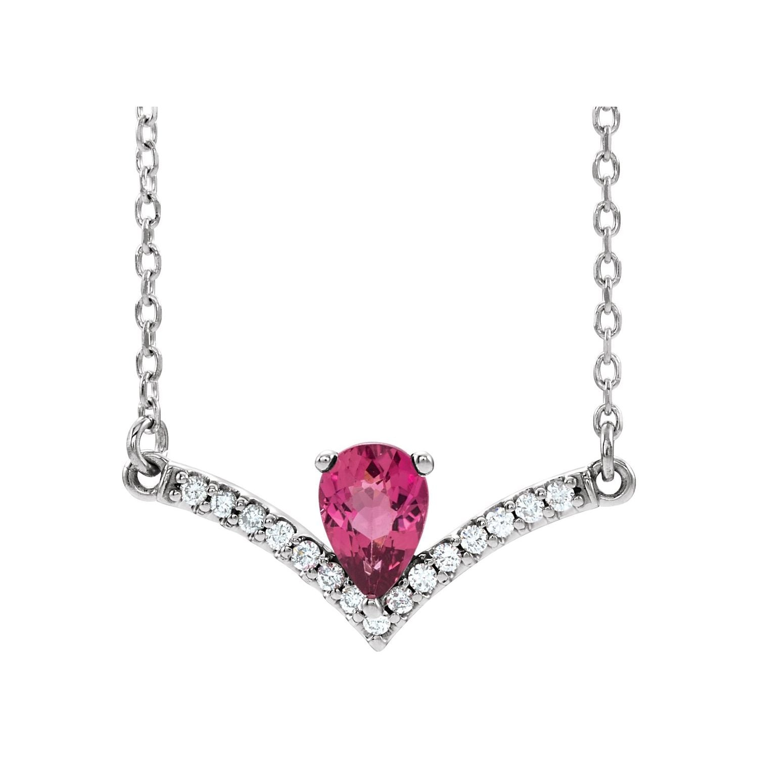 Pear Pink Tourmaline and Diamond V Bar Necklace in 14K White Gold on a 16 or 18 inch gold cable chain