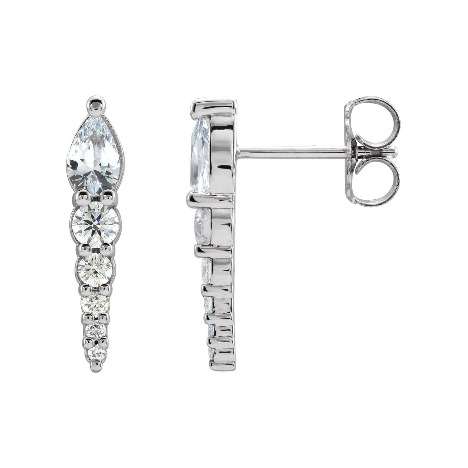 14K White Gold pear-topped graduated diamond-line white sapphire drop earrings