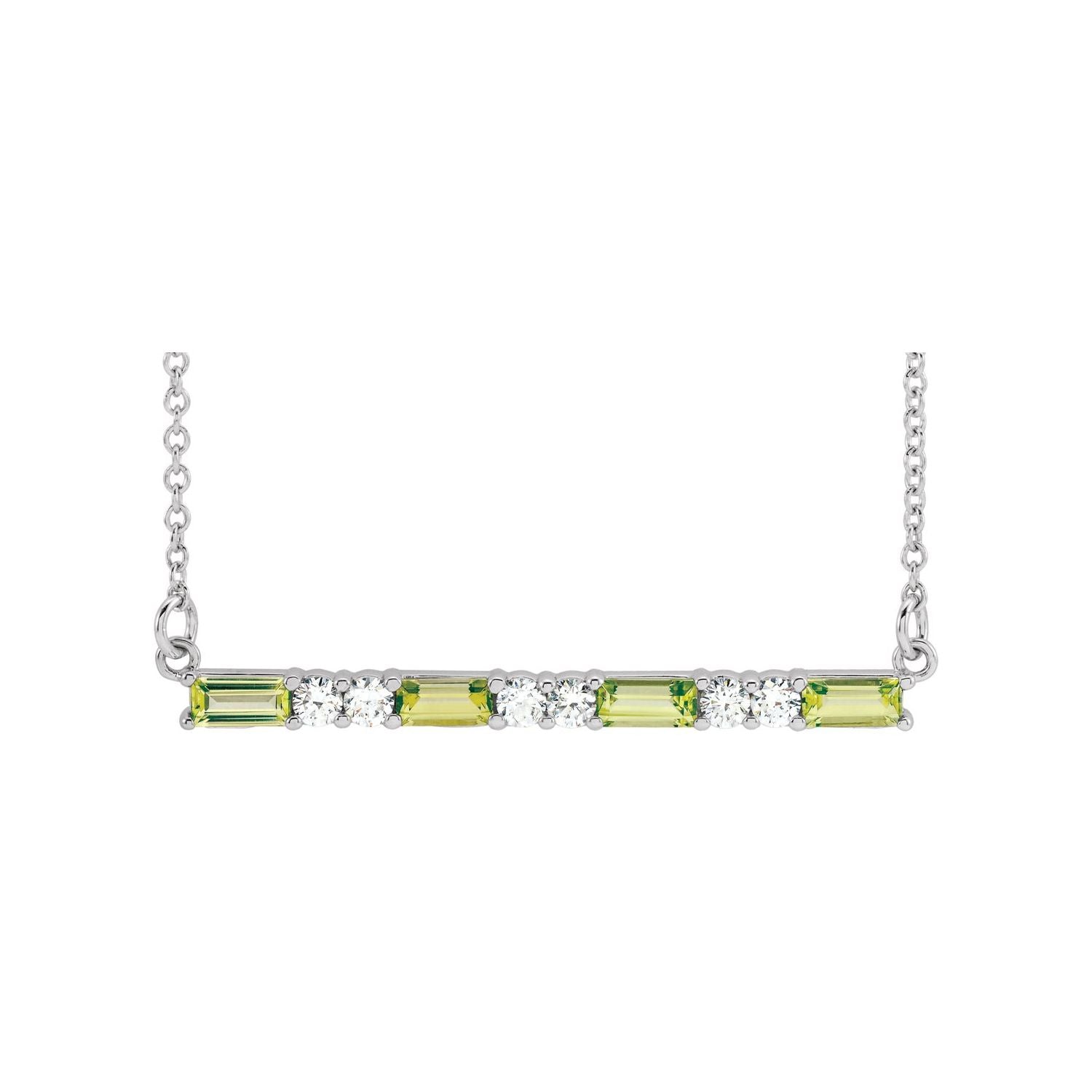 14K White Gold peridot and diamond bar pendant, solid gold