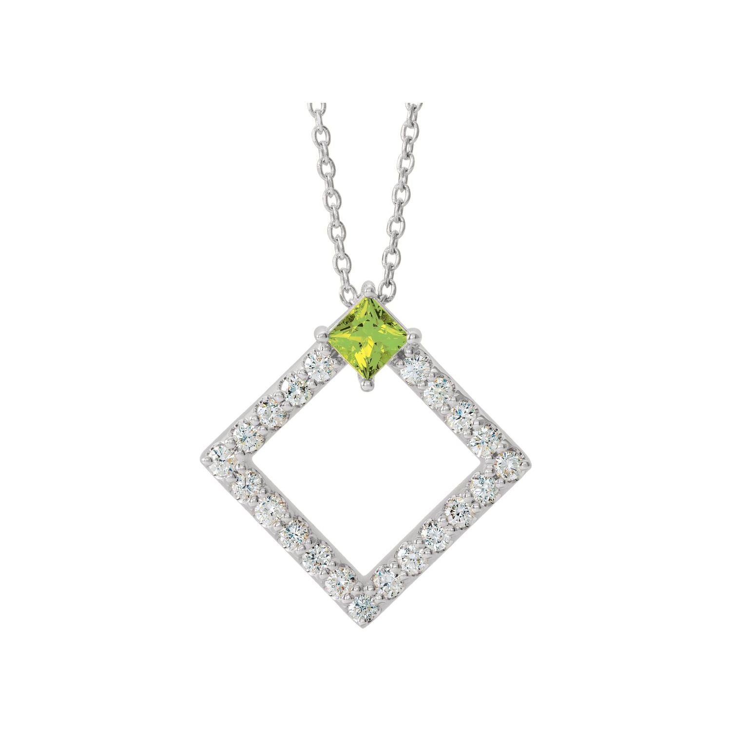 14K White Gold peridot and diamond statement pendant, solid gold