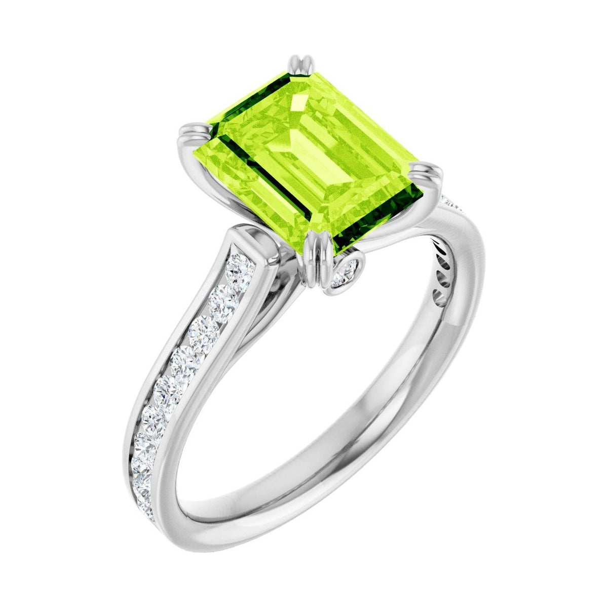 Emerald 2 ct peridot 14K White Gold cathedral pavé engagement ring