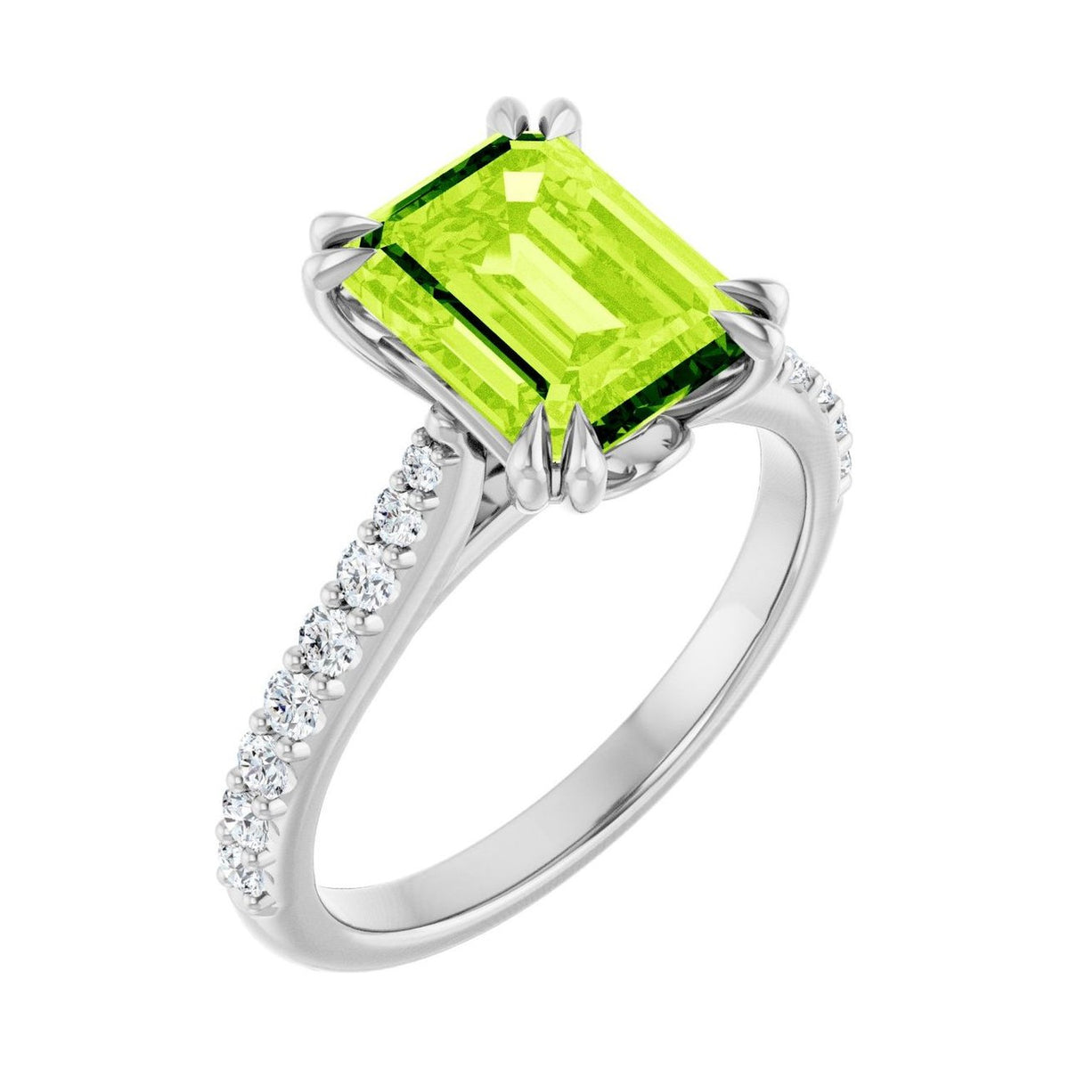Emerald 2 ct peridot 14K White Gold double claw-prong solitaire engagement ring