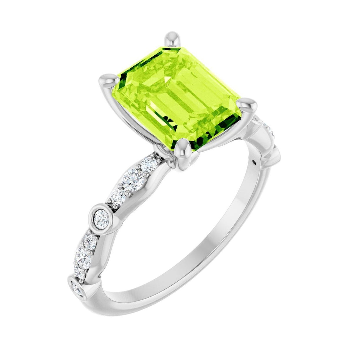 Emerald 2 ct peridot 14K White Gold petite vintage milgrain engagement ring