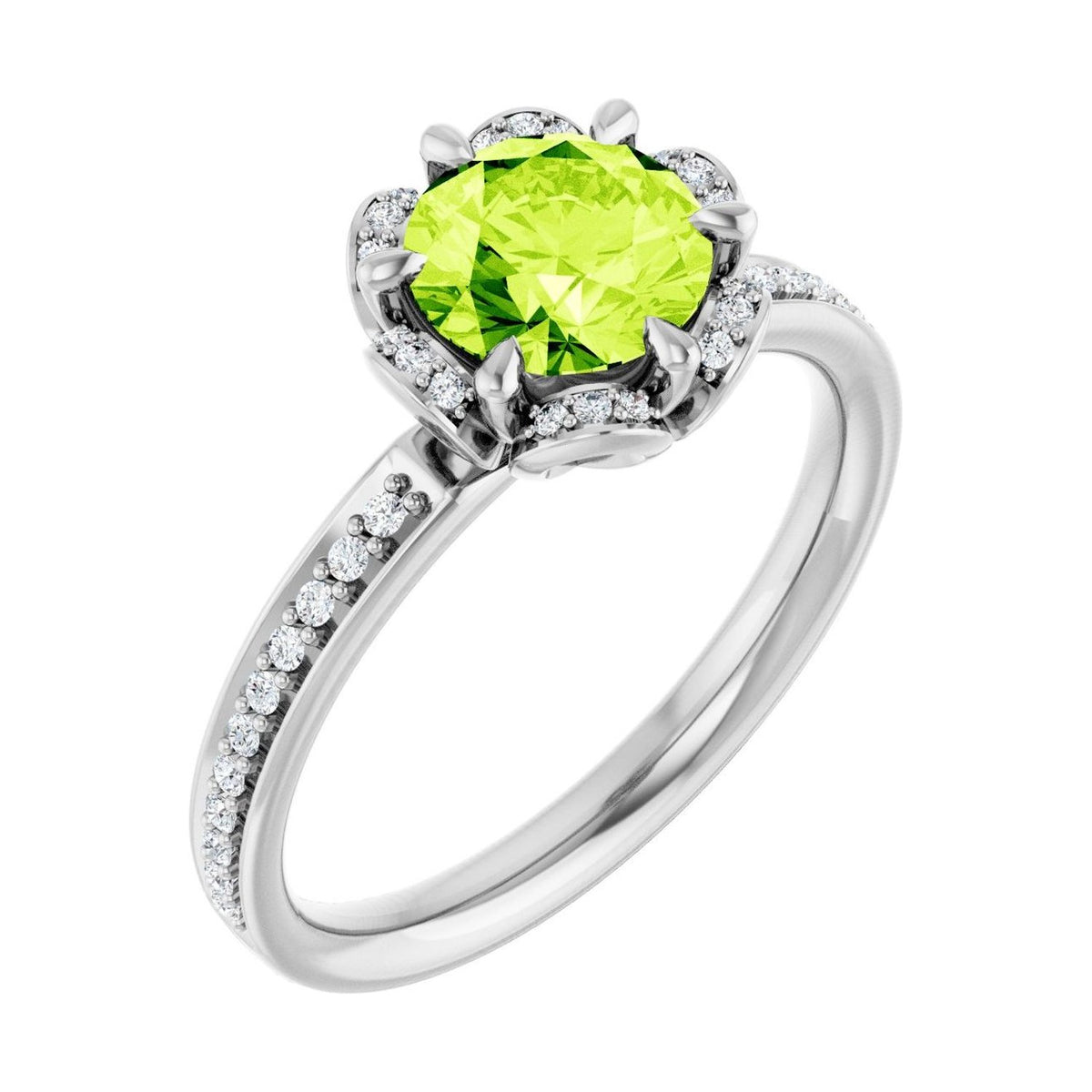Round 2 ct peridot 14K White Gold petite pavé halo engagement ring