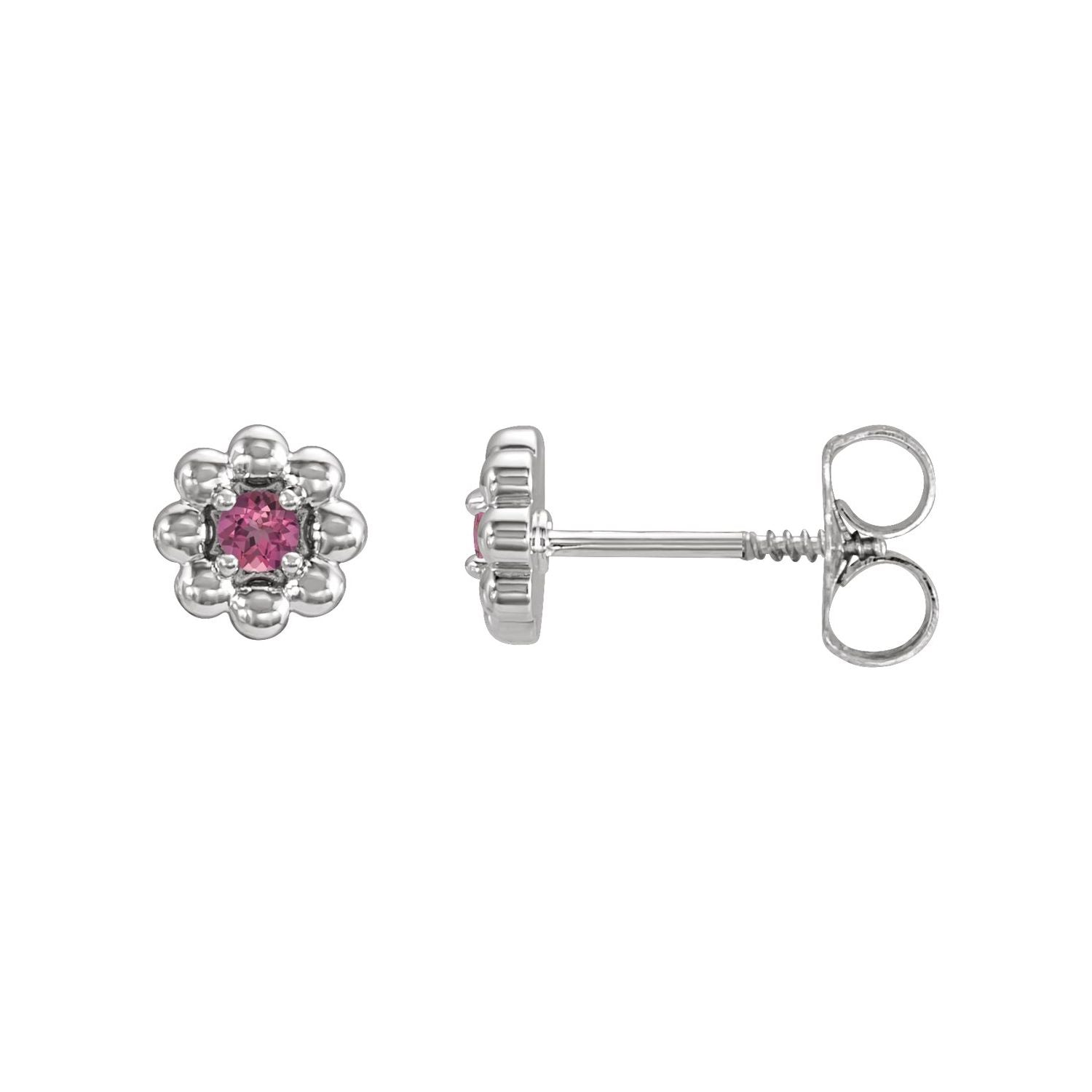 14K White Gold natural pink tourmaline flower earrings
