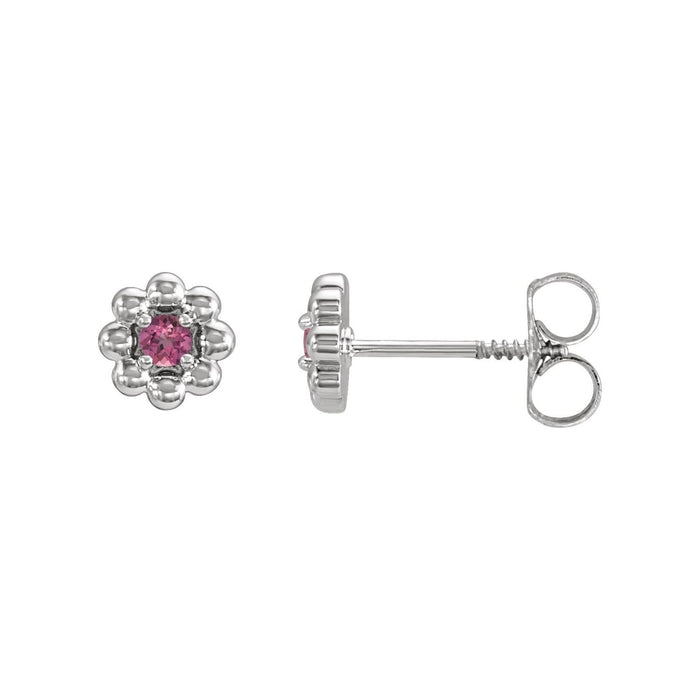 14K White Gold natural pink tourmaline flower earrings