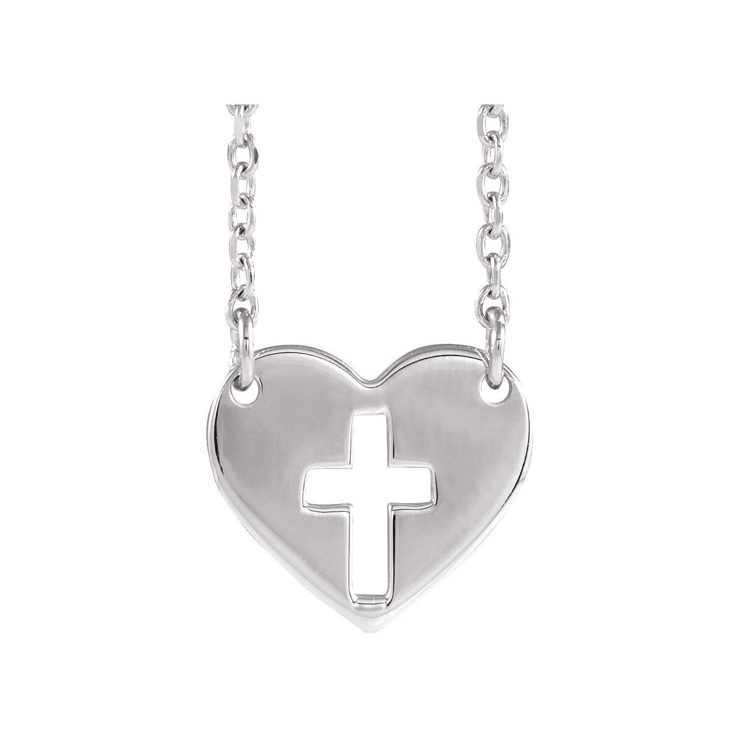 14K White Gold Pierced Cross Heart Necklace on an adjustable 16 to 18 inch cable chain