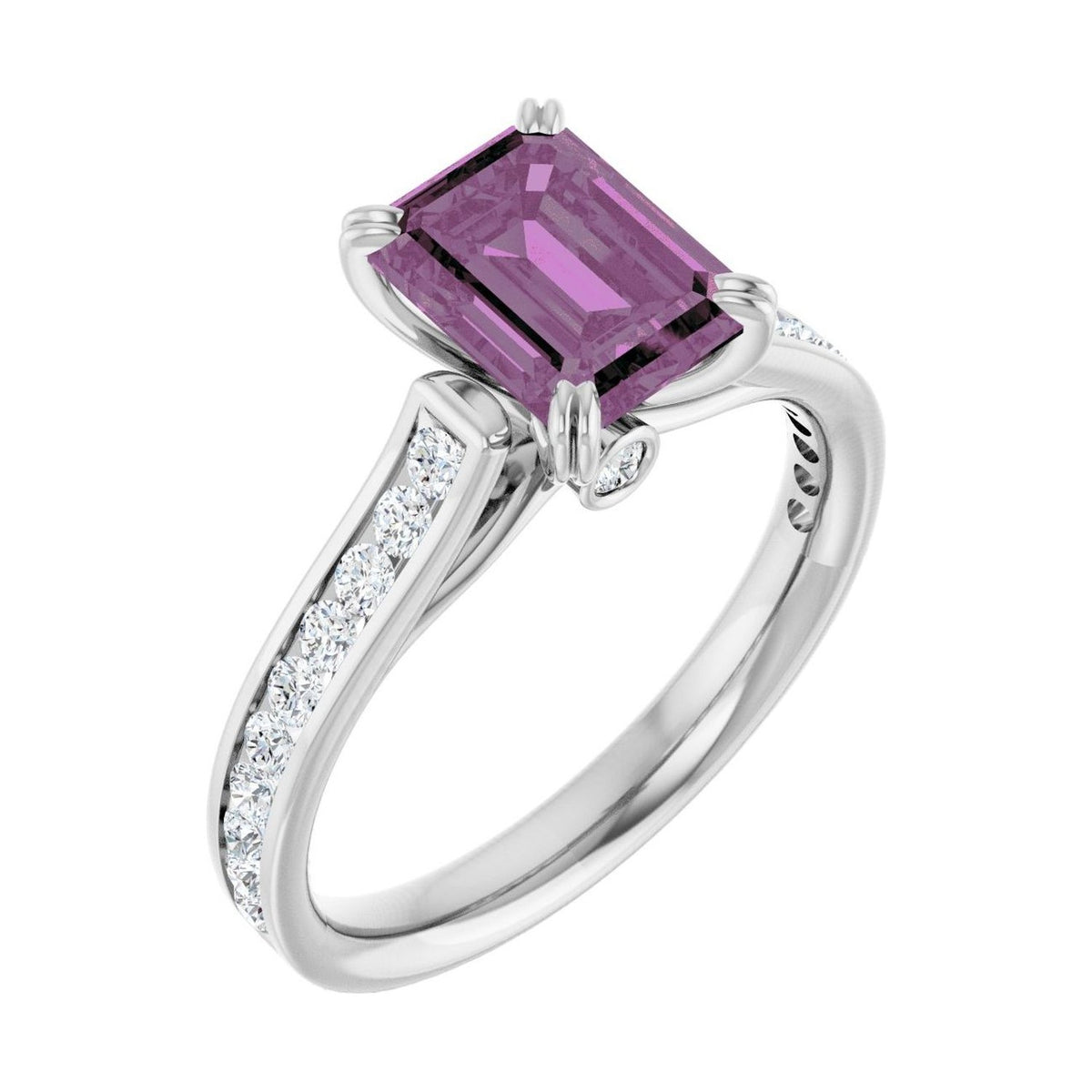 Emerald 1 ct pink sapphire 14K White Gold cathedral pavé engagement ring