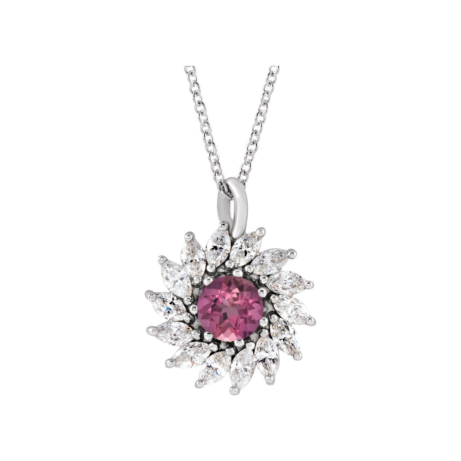 Pink Tourmaline and Diamond Starburst Halo Necklace in 14K White Gold on a 16 to 18 inch adjustable gold cable chain