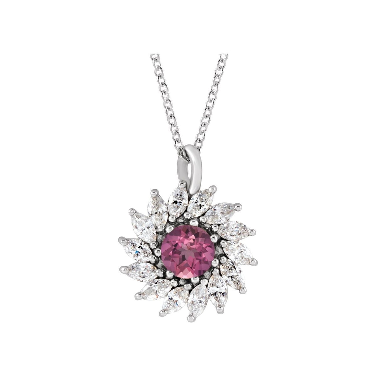 Pink Tourmaline & Diamond Starburst Halo Pendant in 14K White Gold