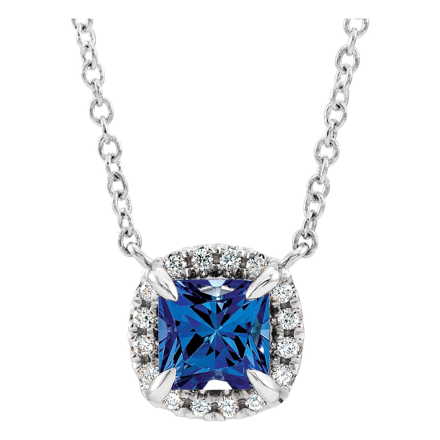 14K White Gold natural blue sapphire princess-cut sapphire in a natural diamond halo