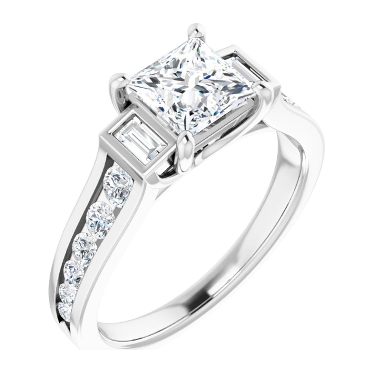 Princess-Cut Lab-Grown Diamond Bezel Baguette Channel-Set engagement ring in 14K White Gold, shown with a 1.00 ct center