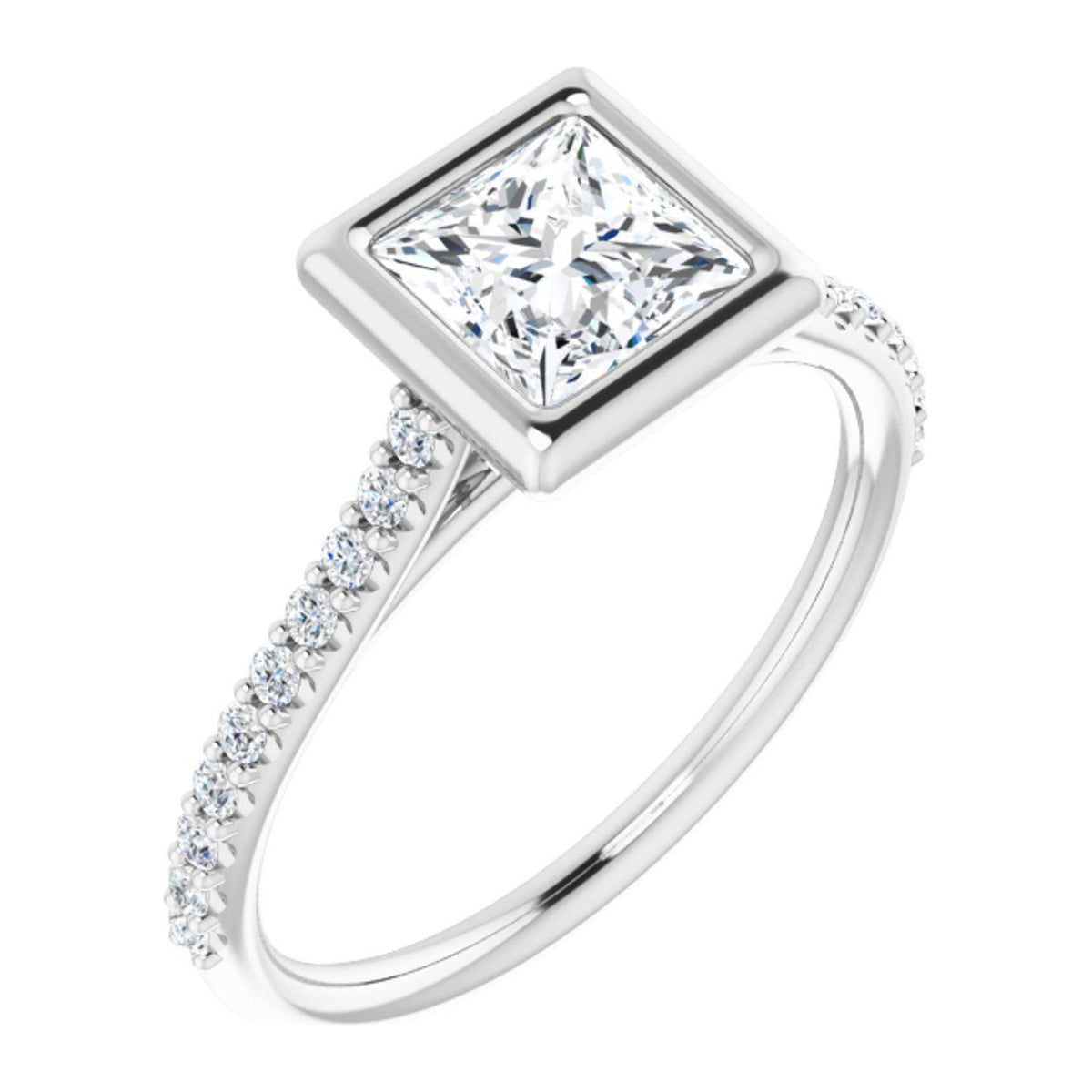 Princess-Cut Lab-Grown Diamond Bezel-Set Pavé Solitaire engagement ring in 14K White Gold, shown with a 1.00 ct center