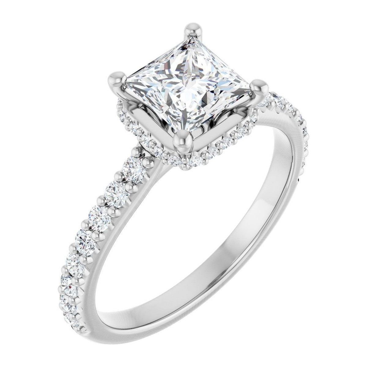 Princess-Cut Lab-Grown Diamond Hidden-Halo Pavé Cathedral engagement ring in 14K White Gold, shown with a 1.00 ct center