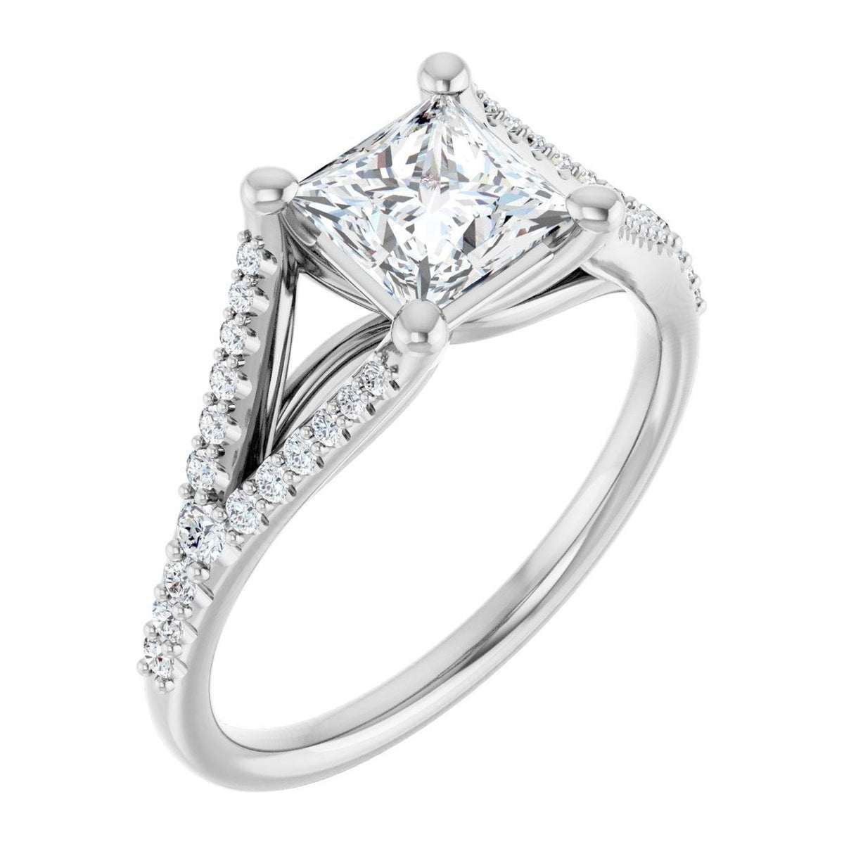 Princess-Cut Lab-Grown Diamond Split-Shank Pavé Solitaire engagement ring in 14K White Gold, shown with a 1.00 ct center