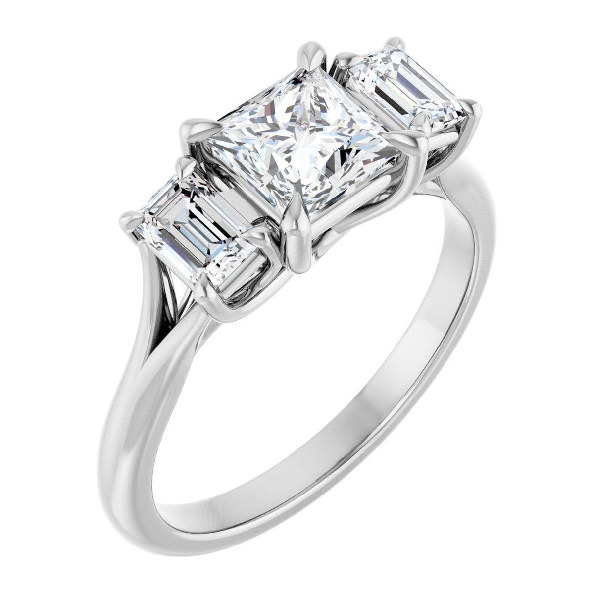 Princess-Cut Lab-Grown Diamond Step-Cut Three-Stone engagement ring in 14K White Gold, shown with a 1.00 ct center
