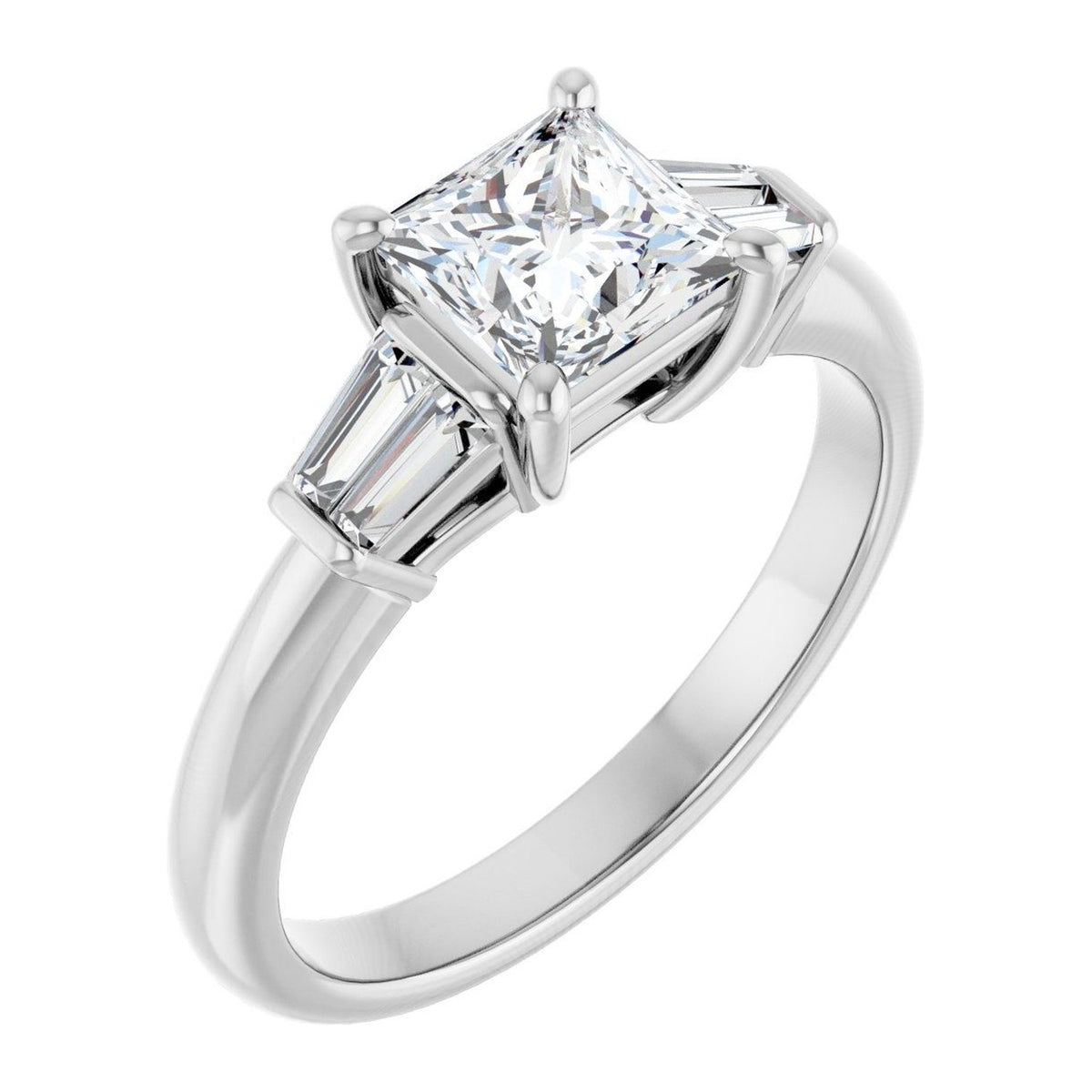 Princess-Cut Lab-Grown Diamond Tapered-Baguette Three-Stone engagement ring in 14K White Gold, shown with a 1.00 ct center