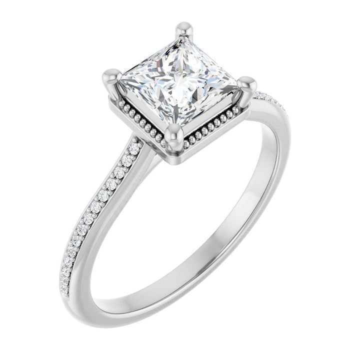 Princess-Cut Lab-Grown Diamond Vintage Milgrain Solitaire engagement ring in 14K White Gold, shown with a 1.00 ct center