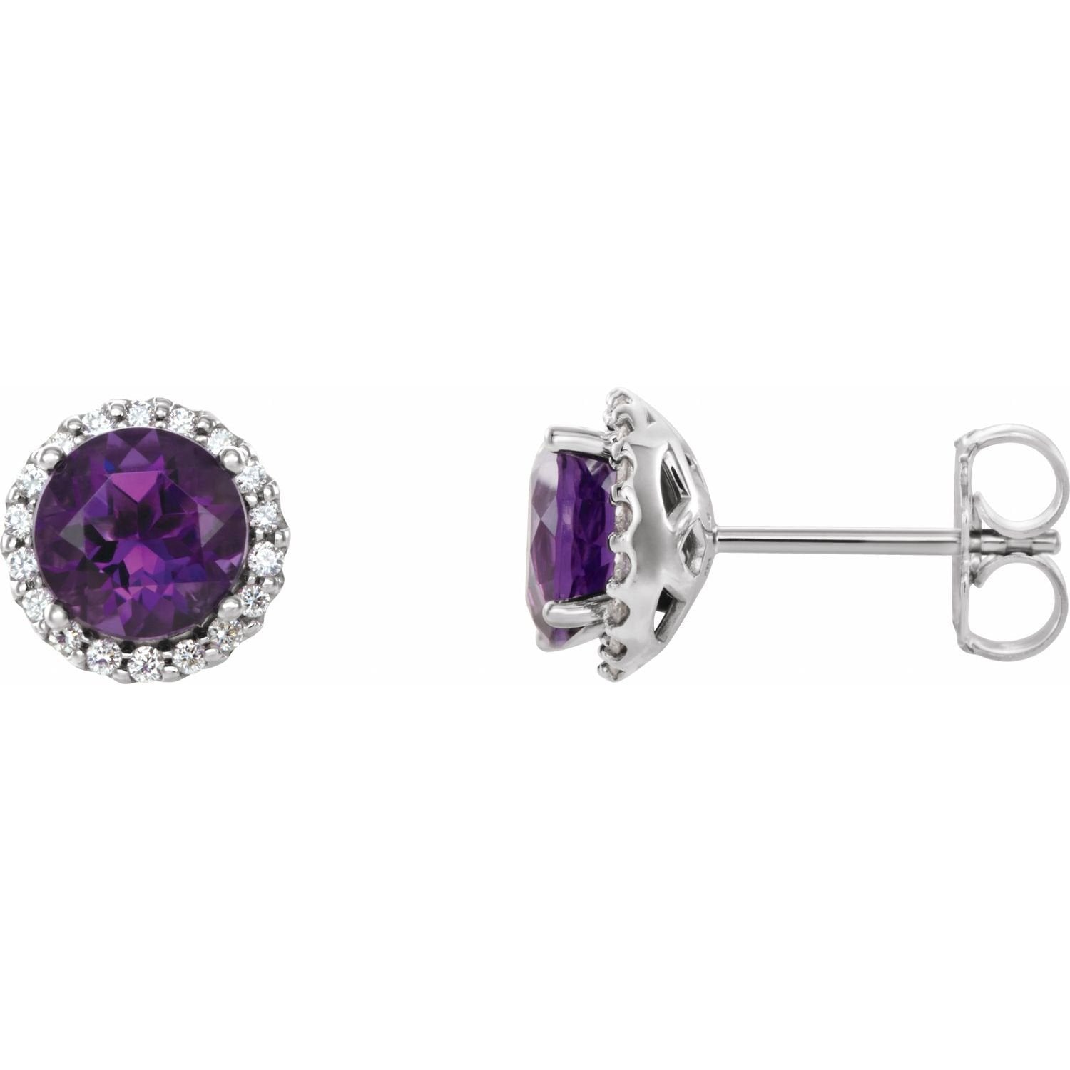 round amethyst earrings in 14k White Gold