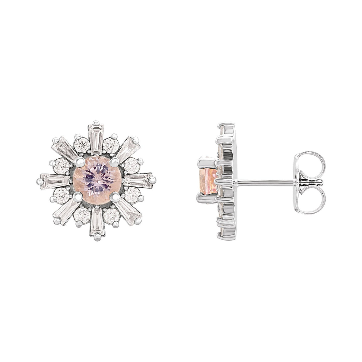 Round Halo Morganite Stud Earrings in 14K White Gold