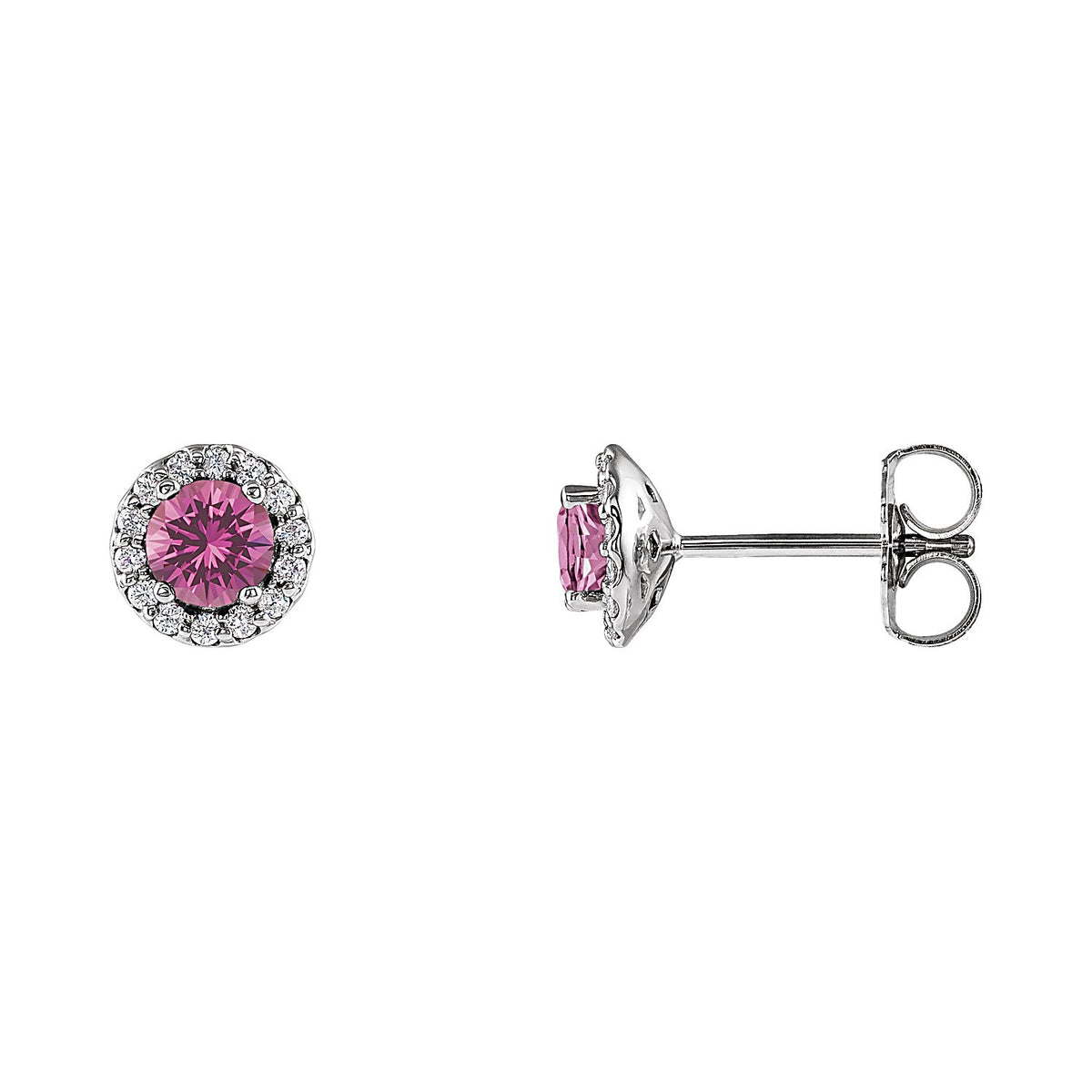 Round Halo Pink Sapphire Stud Earrings in 14K White Gold