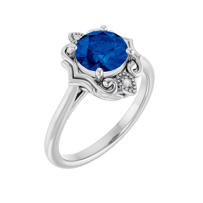 round lab-grown blue sapphire ring in 14k White Gold