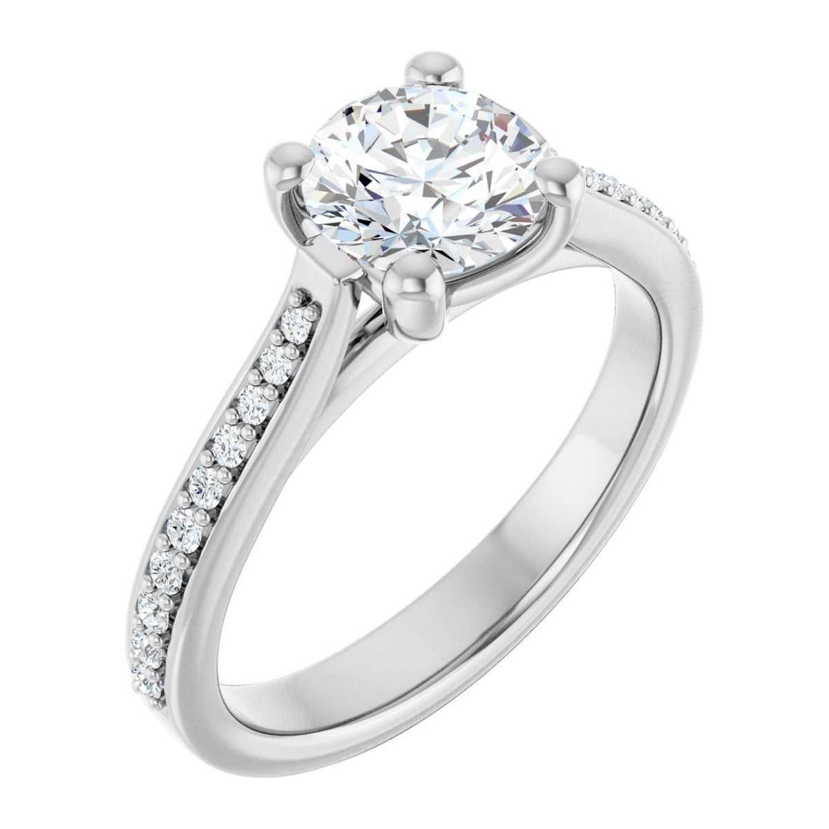 Round Lab-Grown Diamond Cathedral Pavé engagement ring in 14K White Gold, shown with a 1.00 ct center