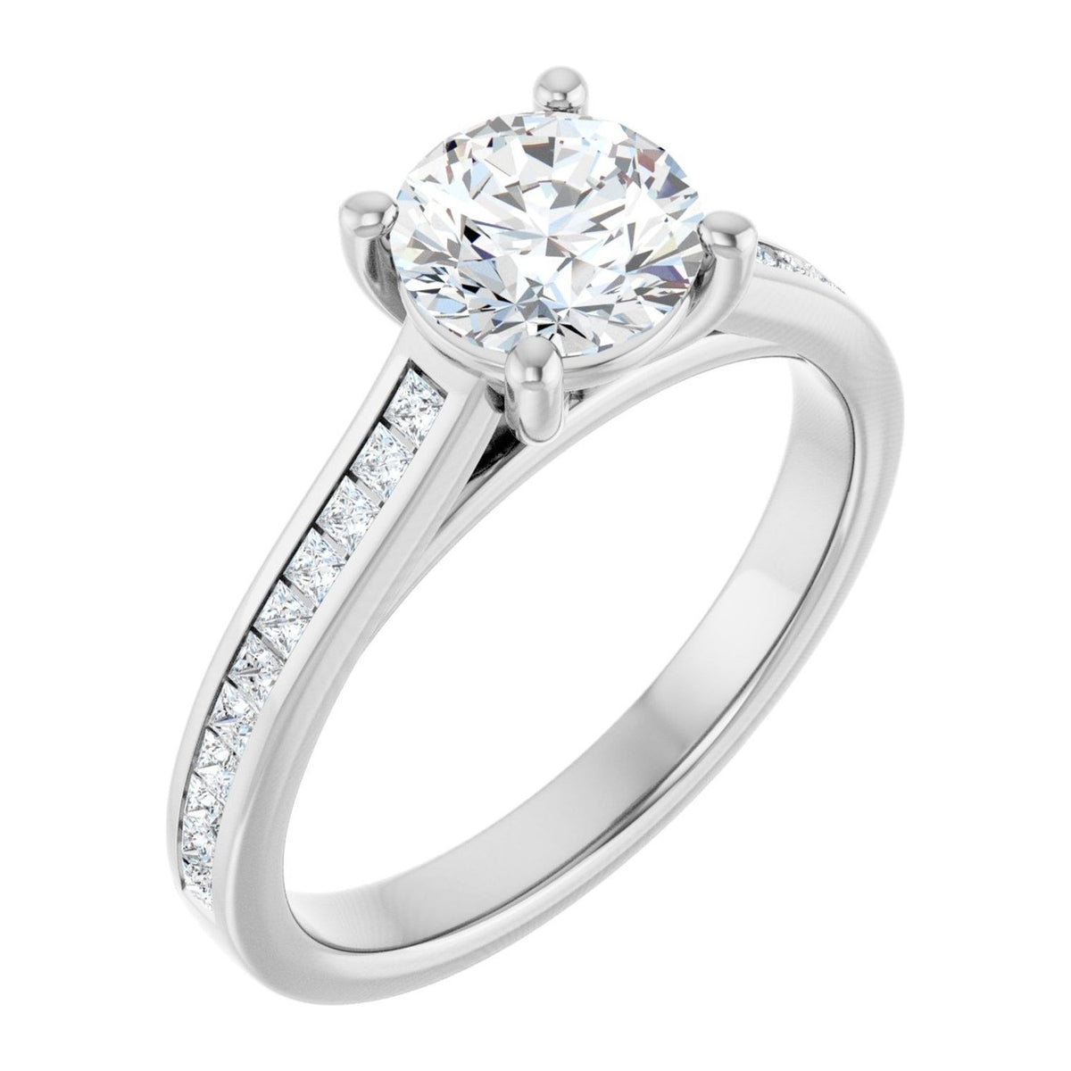 Round Lab-Grown Diamond Channel-Set Cathedral engagement ring in 14K White Gold, shown with a 1.00 ct center