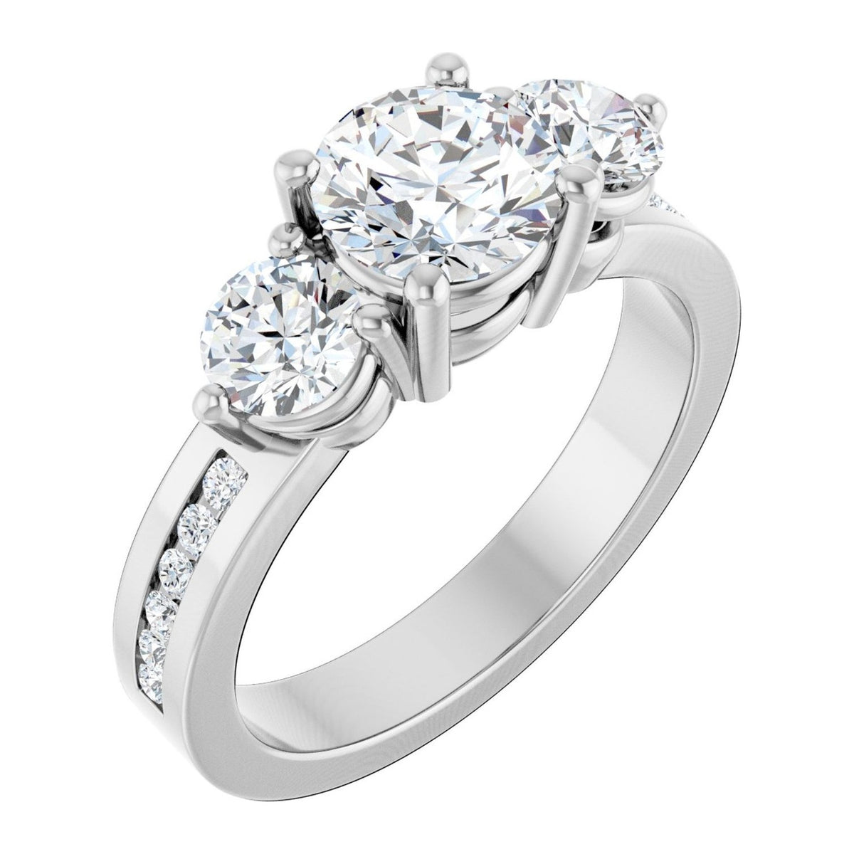 Round Lab-Grown Diamond Channel-Set Three-Stone engagement ring in 14K White Gold, shown with a 1.00 ct center