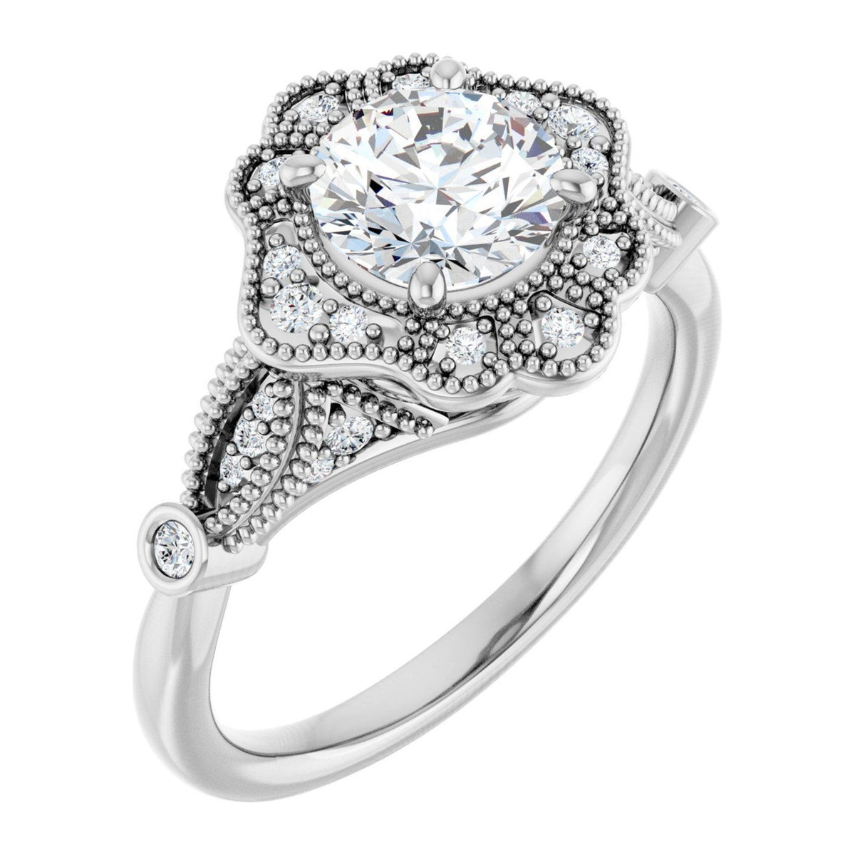 Round Lab-Grown Diamond Edwardian Milgrain Flower Halo engagement ring in 14K White Gold, shown with a 1.00 ct center