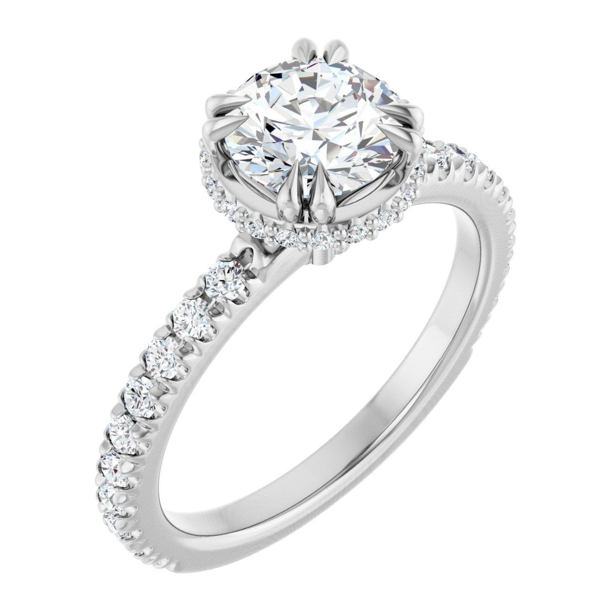 Round Lab-Grown Diamond Hidden Halo Pavé engagement ring in 14K White Gold, shown with a 1.00 ct center