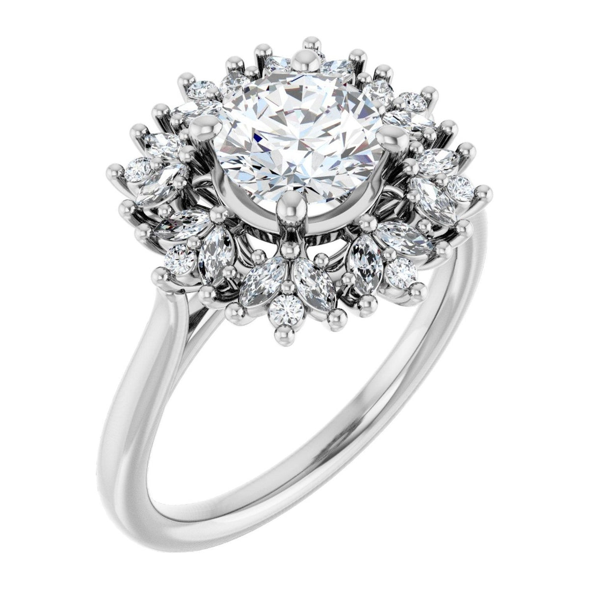 Round Lab-Grown Diamond Marquise Blossom Halo engagement ring in 14K White Gold, shown with a 1.00 ct center