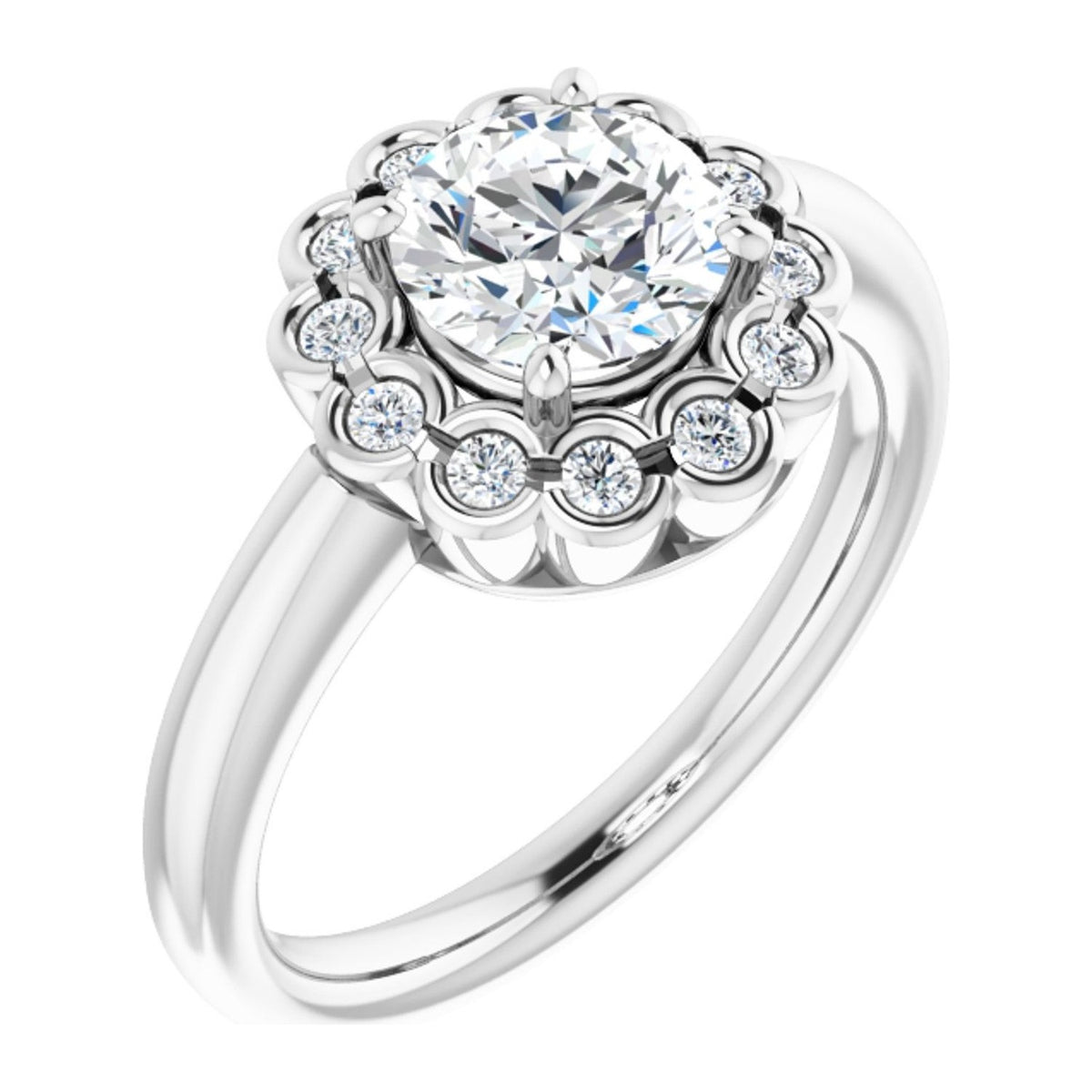 Round Lab-Grown Diamond Scalloped Blossom Halo engagement ring in 14K White Gold, shown with a 1.00 ct center
