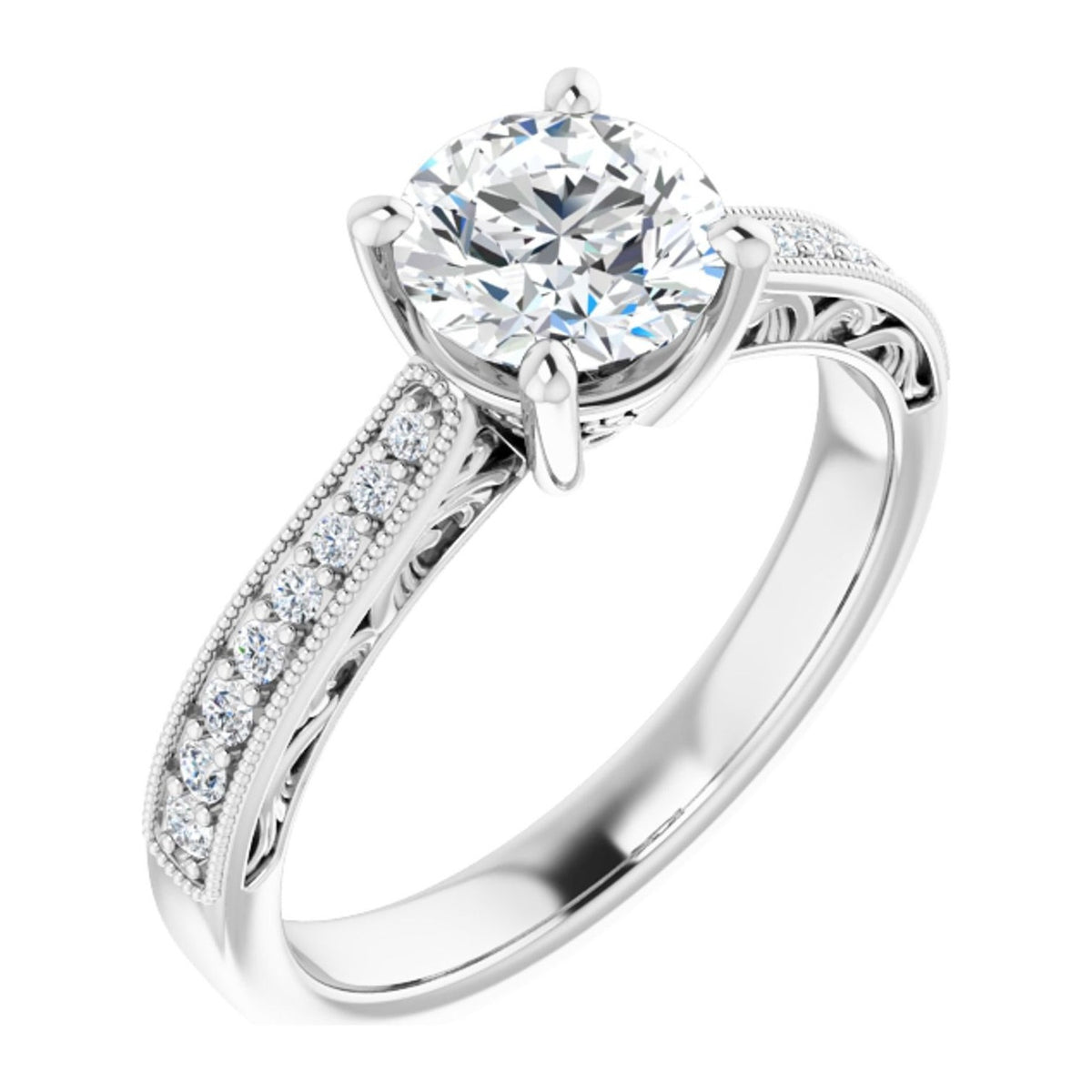Round Lab-Grown Diamond Vintage Milgrain Pavé engagement ring in 14K White Gold, shown with a 1.00 ct center