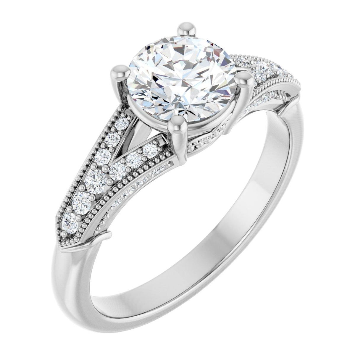 Round Lab-Grown Diamond Vintage Milgrain Split-Shank Pavé engagement ring in 14K White Gold, shown with a 1.00 ct center